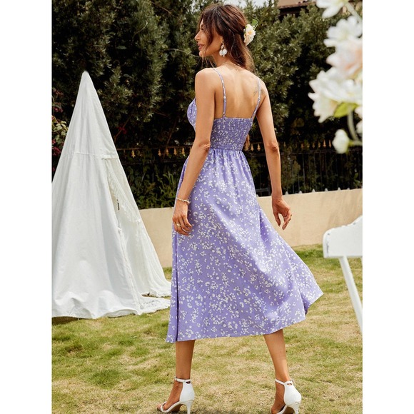 boho Floral Tie Front Ruched Bust Split Thigh Cami Dress purple - Picture 2 of 8